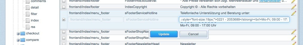 Shopware Konfiguration - Servicenummer Update
